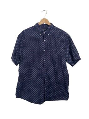Banana Republic Navy Short-Sleeve Button-Down with Small Pink Print